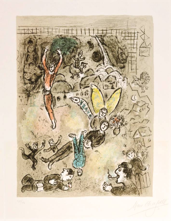 Lithograph by Marc Chagall titled &#8220;Composition Fantastique&#8221; depicting figures performing in a town square, the style is imaginative and surreal